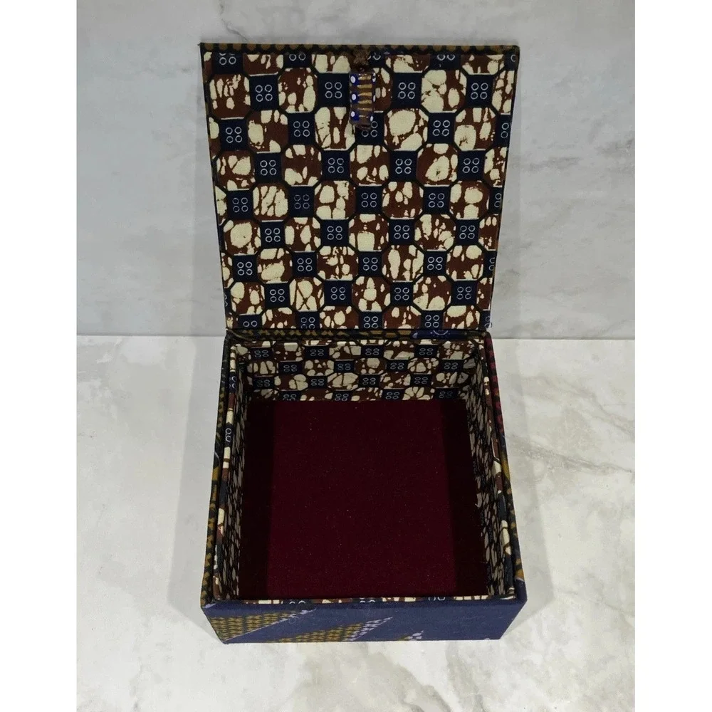 Fabric Keepsake Gift Box Geometric Boho Print Purple Red Gold Velour Lining  6